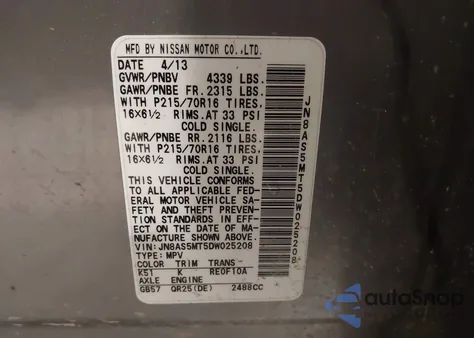 2013 Nissan Rogue S из США, поврежденный, VIN JN8AS5MT5DW025208